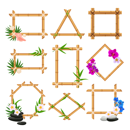 Bamboo frame set, wooden blank template collection. Natural tree elements. Vector flat style cartoon illustration isolated on white backgroundのイラスト素材