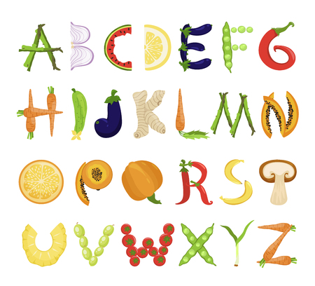 Food alphabet tasty set, font typography collection. Vector flat style cartoon illustration isolated on white backgroundのイラスト素材