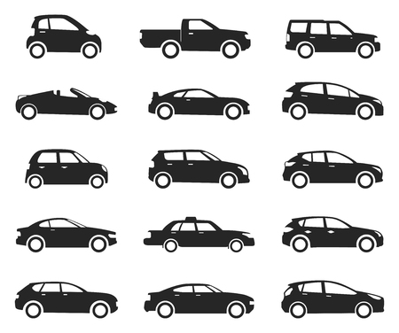 Car icon side view set, black silhouette. Road vehicle with four wheels, business transportation and automobile sport. Vector illustration