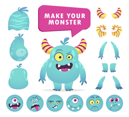 Cartoon monster creation kit, cute face set. Funny create constructor. Vector flat style cartoon illustration isolated on white backgroundのイラスト素材