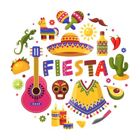 Mexican holiday set, traditional poster for fiesta design. Vector flat style cartoon illustration isolated on white backgroundのイラスト素材