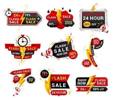 Flash sales shopping promotional labels vector set. One day only discounts badges isolated pack on white background. 24 hours low price special offers advertisement stickers collectionのイラスト素材
