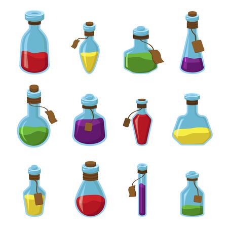 Flasks with liquid flat vector illustrations set. Witch potion bottles isolated cliparts on white background. Magic elixir, alchemical mixture. Magical colorful drinks, poisons collectionのイラスト素材
