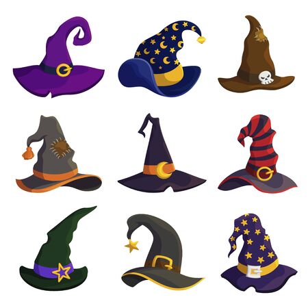 Wizard hats flat vector color illustrations set. Witch caps pack. Halloween costume element collection. Festive carnival headwear. Sorceress headdress isolated on white backgroundのイラスト素材