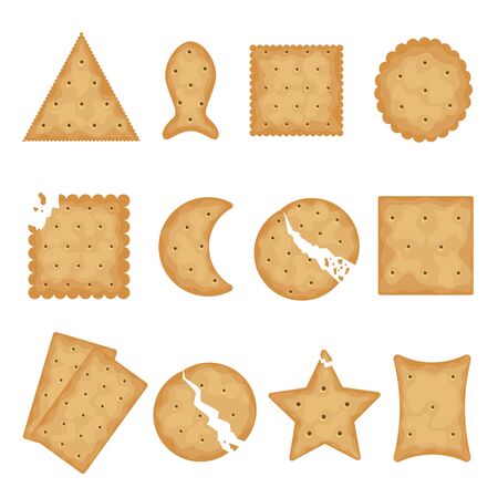 Crunchy cracker cookies flat vector illustrations set. Delicious biscuits design elements collection. Trafitional dry snacks isolated on white background. Healthy homemade pastriesのイラスト素材