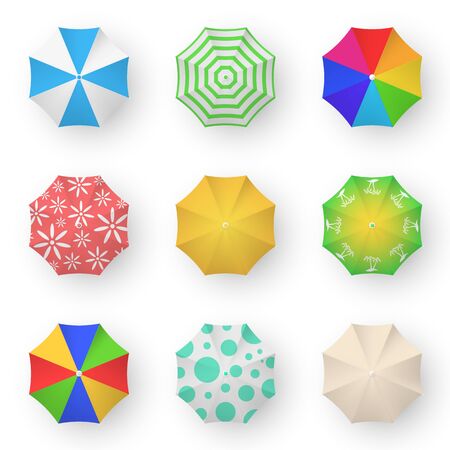 Bright umbrellas 3D color illustrations set. Colorful parasols decorative design elements bundle. Sun and rain protection accessories collection isolated on white backgroundのイラスト素材