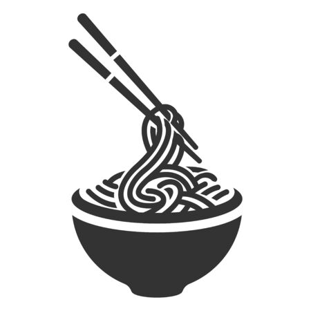 Noodles black icon, food for delicious cuisine. Traditional diet, soup in a bowl. Vector line art illustration isolated on white backgroundのイラスト素材