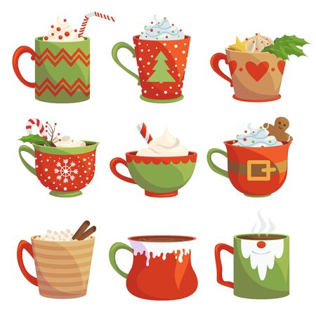 Traditional christmas drinks flat vector illustrations setのイラスト素材