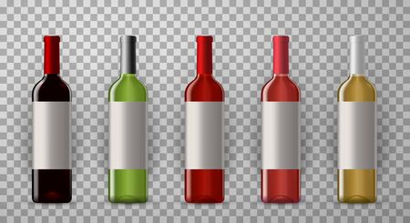 Wine bottles with labels realistic vector illustrations set. Alcohol beverages containers mockups isolated on transparent background. Winery products, white, pink, red wine bottles collectionのイラスト素材