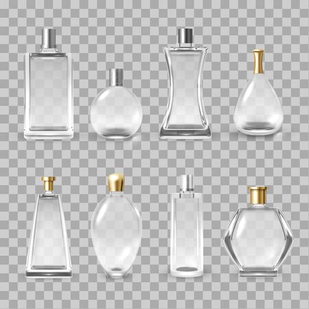 Perfume bottles assortment realistic vector illustrations set. Empty perfumed water containers mockups isolated on transparent background. Luxury glass fragrance vials with golden and silver capsのイラスト素材