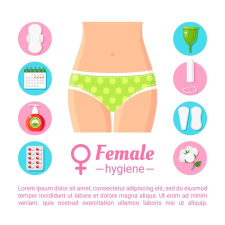 Female hygiene products flat banner vector template. Gynecology, women health care social media post design with cartoon icons. Feminine intimate health accessories illustration with text spaceのイラスト素材
