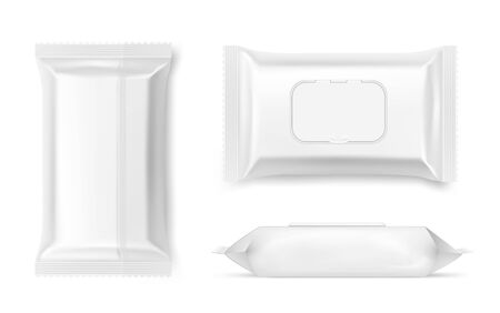 Wet wipes packing, antibacterial napkins container mockup. Cosmetics packaging views realistic 3D vector set. Purity, cleanliness, personal hygiene. Beauty product packet front, top and side view packのイラスト素材