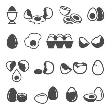 Egg icon set, natural fresh chicken product. Farm meal and healthy nutrition, organic ingredient. Ways to cook, store an egg Vector illustrationのイラスト素材