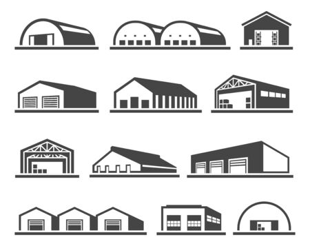 Building warehouse set, distribution and transportation building. Business workplace for storing goods. Vector line art illustration on white backgroundのイラスト素材