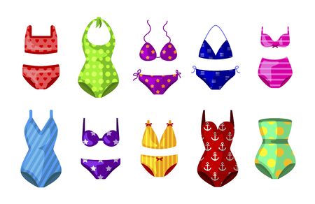 Colorful female beachwear, swimwear, lingerie assortment. One-piece, two-piece swimming suit, bathing costume fashion flat icons set. Maillot, bandeau, bikini. Vector cartoon isolated on white.のイラスト素材