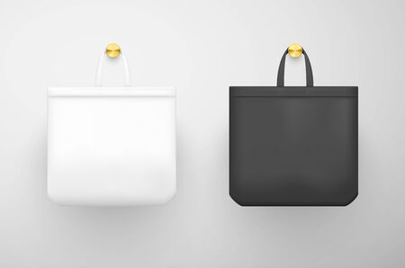 White, black empty recycled cotton grocery bags hanging gilded hooks. Eco friendly packaging template, mockup. Natural canvas totes with handles for reusable shopping. Vector realistic isolated set.のイラスト素材