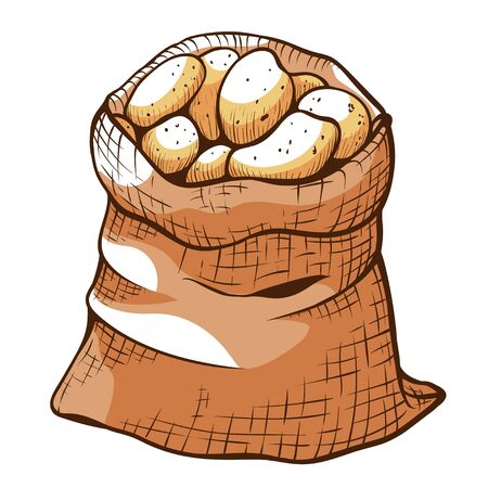Brown jute, burlap bag of ripe potatoes. Canvas sack full of root vegetables. Storage of food supplies, harvest. Organic eco product. Hand drawn sketch vector illustration isolated on white.のイラスト素材