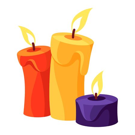 Red, yellow, violet glowing burning candles with melted wax flowing down sides. Festive fire, holiday prayer in church. Light flame. Christmas decoration. Vector cartoon illustration isolated on whiteのイラスト素材