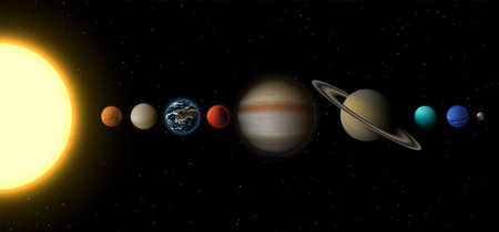 Solar system infographic, planets and sun astronomical units
