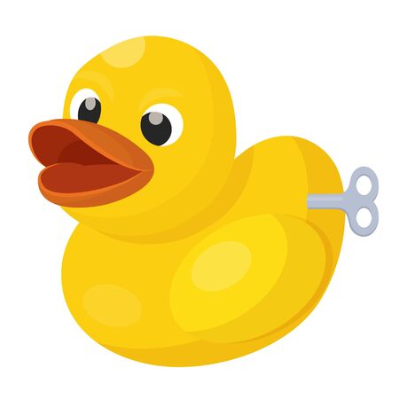 Clockwork toy duckling, cute yellow mechanical duck. Small kid device. Vector flat style cartoon illustration isolated on white backgroundのイラスト素材