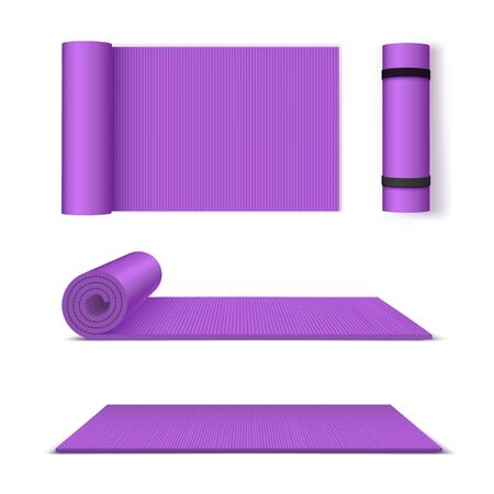 Yoga mat for fitness and exercise set. Professional yoga sport equipment. Vector flat style cartoon illustration isolated on white backgroundのイラスト素材