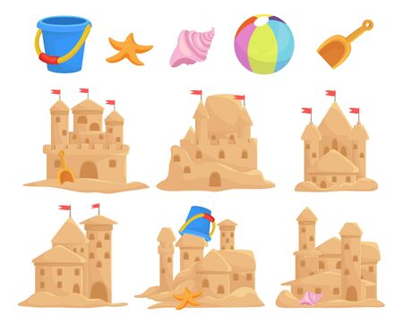 Sandcastles set and children toys bucket, seashell, scoop, starfish, ball. Sand palace, sculpture, tower.のイラスト素材