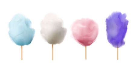Cotton candy realistic set. Candyfloss on sticks. Spun sugar coloured confection. Children dessert, sweets.のイラスト素材