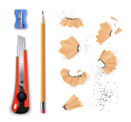 Pencil sharpener set, manual shaving tools and shavingsのイラスト素材