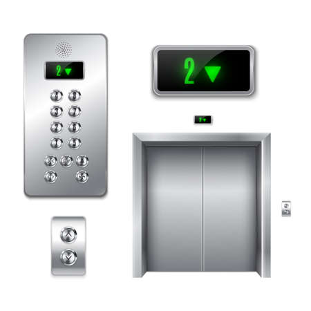 Elevator with closed doors and its components. Buttons and arrows boards, display.のイラスト素材