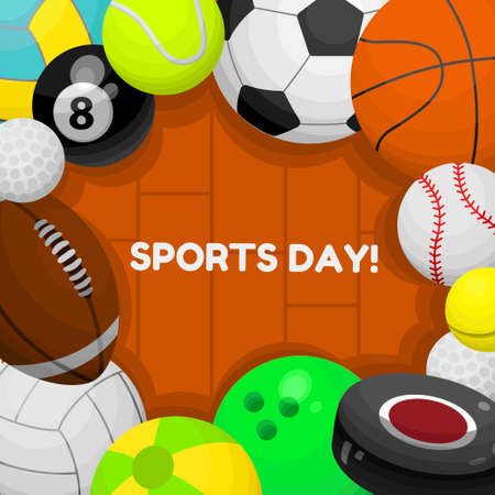 Sports day vector postcard, greeting card, poster. Balls for soccer, volleyball, basketball, rugby.のイラスト素材