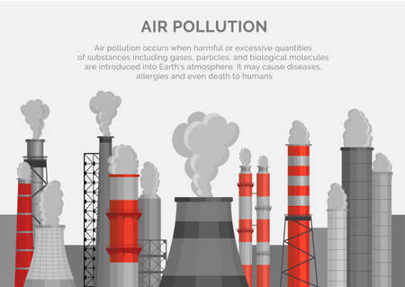 Air pollution poster, banner. Smoke emissions to atmosphere in industrial zone.のイラスト素材