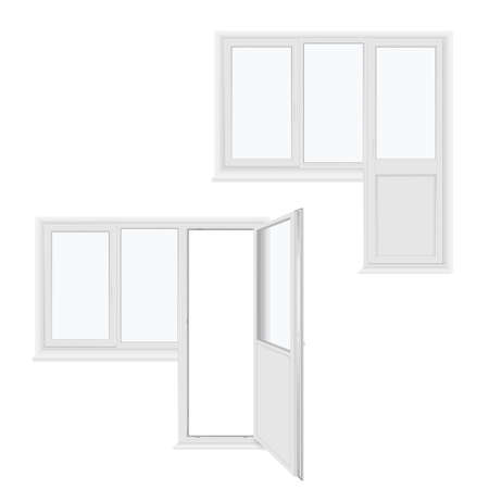 Balcony door closed, open and window realistic template set. Home interior design. Plastic glass.のイラスト素材