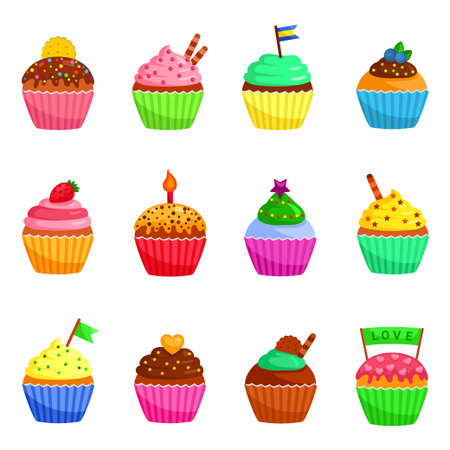 Cupcakes icons set. Muffins decorated with cookie, sprinkles,, flag, berries, candle, stars.