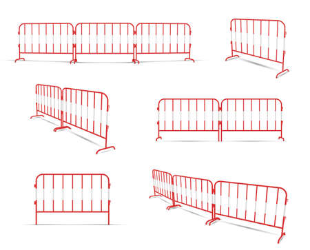 Road barrier linked by two or three elements red realistic constructions. Portable metal fence.のイラスト素材