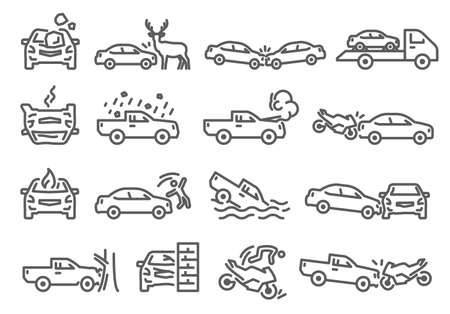 Car, bike, vehicle accident outline icons set isolated on white. Crash into tree, wall, animal on road.のイラスト素材