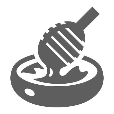 Honey flowing down from dipper to bowl, apiculture bold black silhouette icon isolated on white.のイラスト素材
