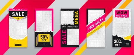 Social media stories templates set for online shop in torn paper style. Big, mega sale, new collection.のイラスト素材