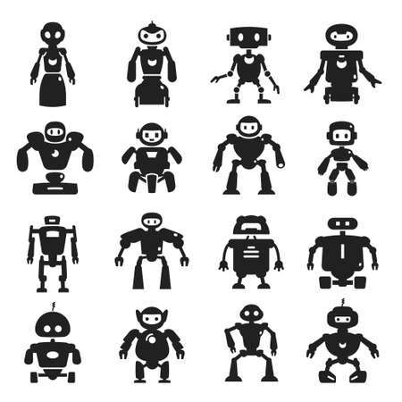 Robot black icon set, characters for game, mediaのイラスト素材