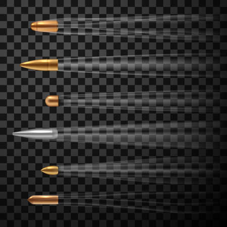 Flying fast bullets set, realistic metal firearmのイラスト素材
