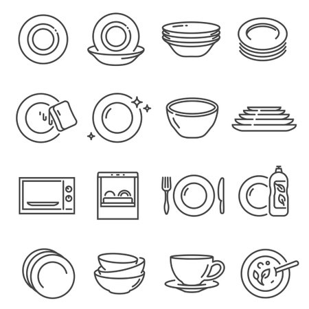 Plates, bowls thin line icons set isolated on white. Dishes, tableware outlines pictograms collection.のイラスト素材