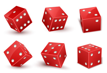 Red dice with number of dots from one to six at the top realistic set. Cubes, throwable games objects.のイラスト素材