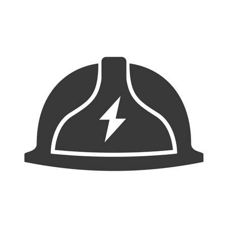 Safety helmet with lightning sign bold black silhouette icon isolated on white. Protective hard hat.のイラスト素材