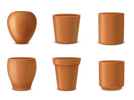 Pots for flowers, houseplants different shaped ceramic templates realistic set. Flowerpots, vases, urns.のイラスト素材