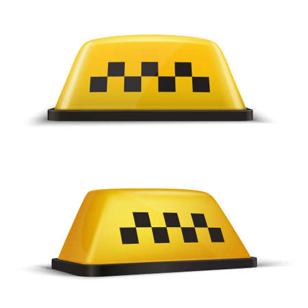 Taxi checker yellow sign realistic set. Taxicab, car accessories. Cab top lights.のイラスト素材
