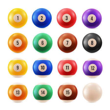 Billiard balls multicolored with numbers from zero to fifteen realistic set. Sport tools.のイラスト素材