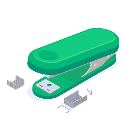 Stationery green stapler with staples for stapling paper documents isometric vector illustrationのイラスト素材
