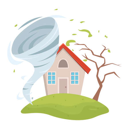 Tornado swirl damaging rustic house and tree storm hurricane disaster near village dwellingのイラスト素材
