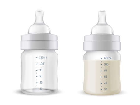 Two realistic baby mother breast milk bottle vector illustration childish drink nutritionのイラスト素材