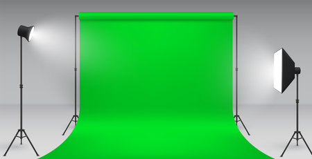 Realistic chroma key studio template vector equipment photo video shooting green screen spotlightのイラスト素材