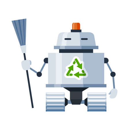 Robot janitor holding broom cartoon icon. Android on wheels with besom, floor brush.のイラスト素材